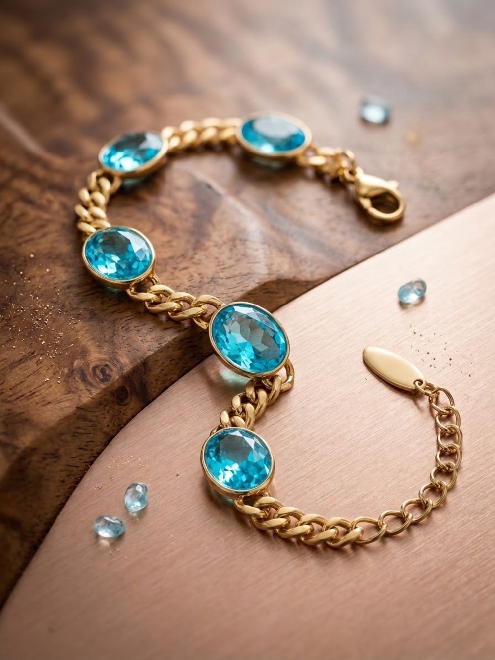 14k Gold - Filled Cuban Link Bracelet with Blue Gemstones